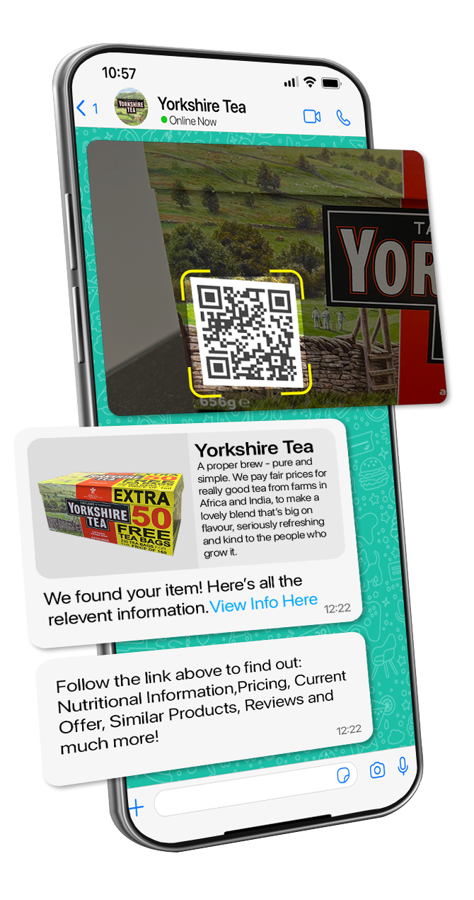 Infographic showing a mobile phone scanning a product qr code and instantly bringing up all of the vital information for that product, all within a WhatsApp chat.